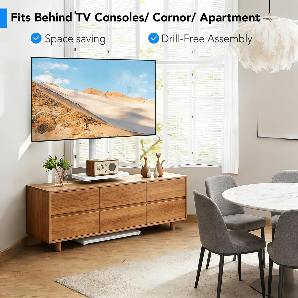 Floor TV Stand with Mount for 26-55 inch TVs up to 35 kg, Height Adjustable Swivel Tilt TV Stand with Wood Base & Shelf, Saving Space Design for Bedroom, Living Room and Corner, White
