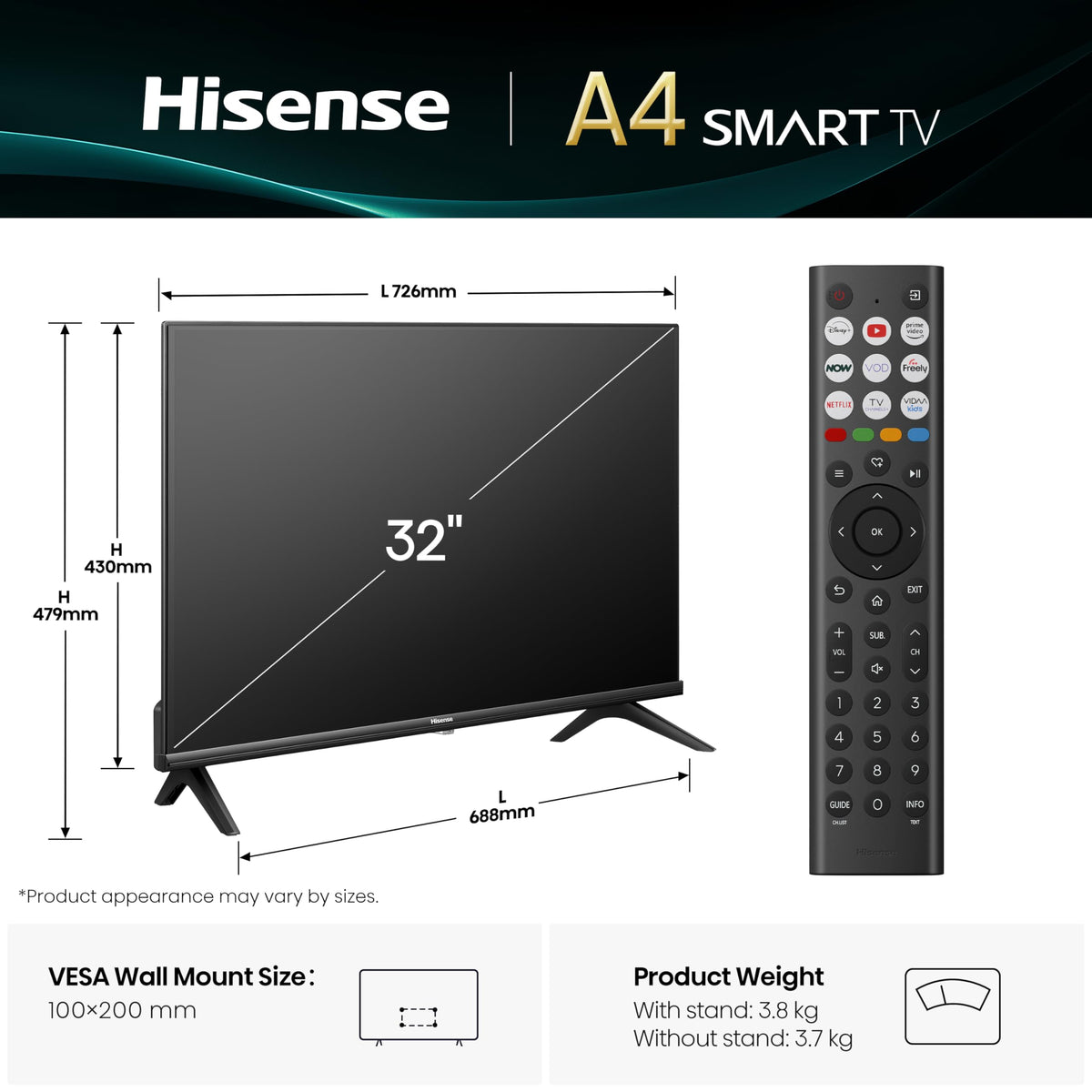 Hisense 40" 40A4QTUK FHD LED TV with Freely - Direct Lit LED, Dolby Audio, Natural Colour Enhancer, Games Mode, Sports Mode, Disney +, YouTube, Netflix