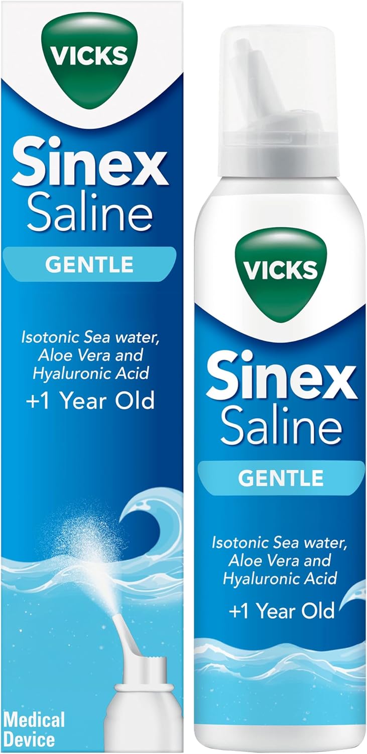 Vicks Sinex Gentle Saline Nasal Spray, 120ml - 3-in-1 Action: Cleans, Removes Mucus & Helps to Moisturize and Hydrate, with Isotonic Sea Water, Aloe Vera and Hyaluronic Acid – Suitable from 1 Year+