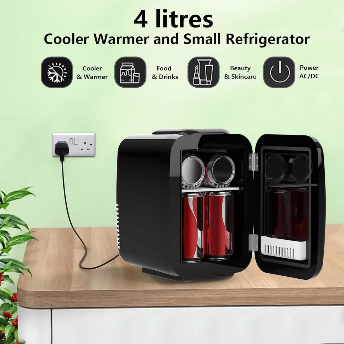 Crystals 4/10/15L Litre Mini Fridge, Table Top Small Fridge Cooler & Warmer for Car Bedrooms Desk Office, 12V DC - 220 AC, Mini Fridge for Bedrooms – Energy Efficient (Black, 4L Litre)