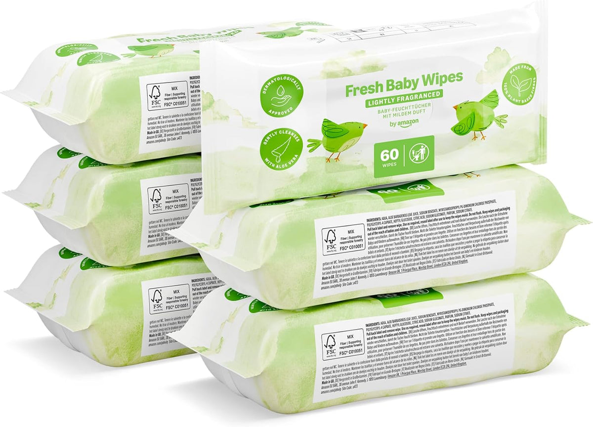by Amazon Fresh Baby Wipes, 360 Wipes, 6 Pack of 60, Wipes Without Plastic