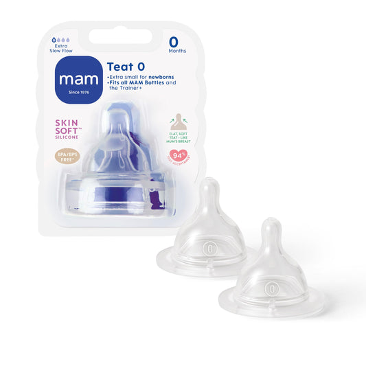 MAM Teats Size 0 — Extra-Slow Flow, SkinSoft Silicone, BPA-Free | 2 Pack | Newborn | Fits All MAM Bottles