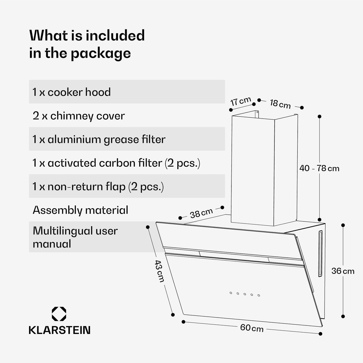 Klarstein Alina 90 Angled Cooker Hood - 615m³/h Air Flow, Touch Panel, LED Backlighting, Quiet 63dB, Energy Class A, 90cm Extractor Hood, Black