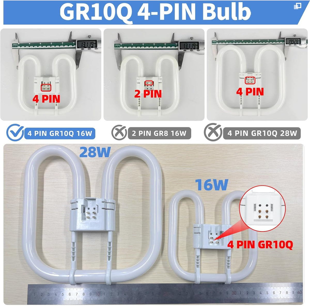 4-PIN 16W(Size: 13.3cm*13.3cm) GR10Q Compact Fluorescent Lamp Non-Dimmable Warm White 3500K, 4PIN (Not 2Pin) Recessed Ceiling Light, CFL Light Bulb, Low Energy Light Bulb, Suitable for Indoor Corrido