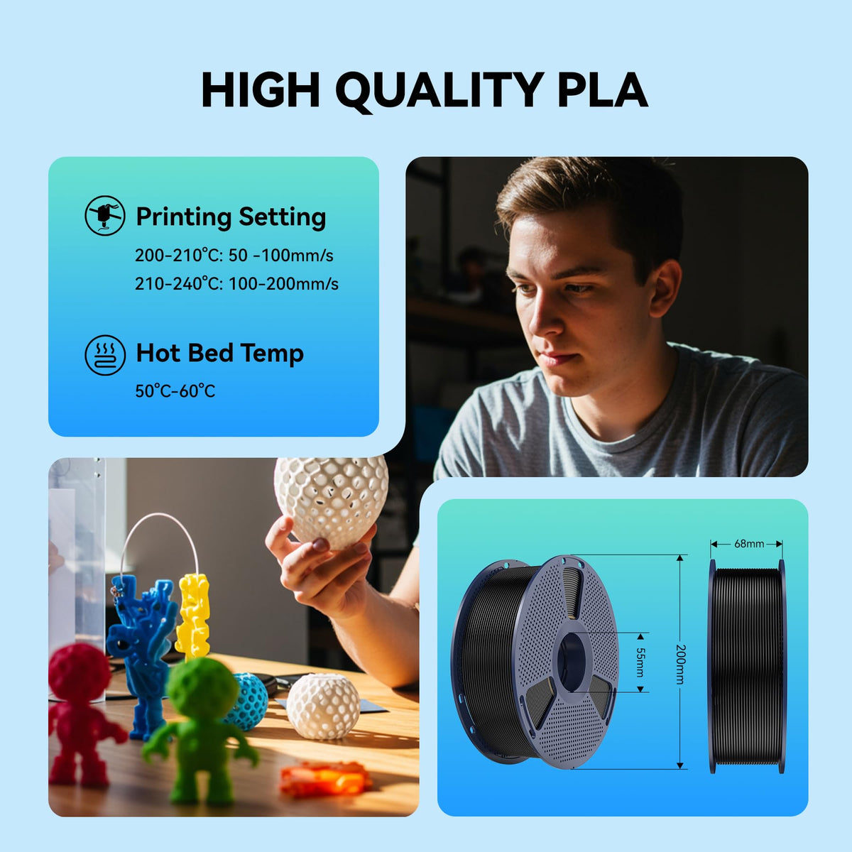 SUNLU PLA Filament 1.75mm Black PLA 1KG, Neatly Wound 3D Printer Filament