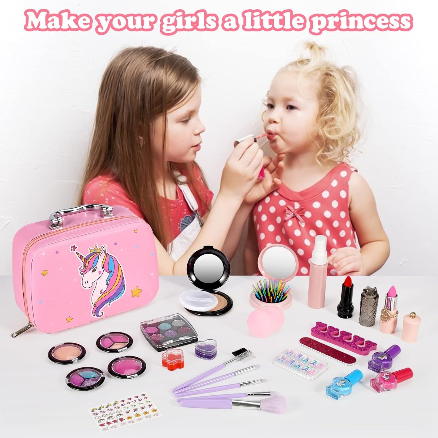 kizplays Makeup Toys for Girls, Kids Make up Kit Toy, 27 Pieces Real Washable Cosmetic Set, Play Makeup Set Gift for 3 4 5 6 7 Years Old
