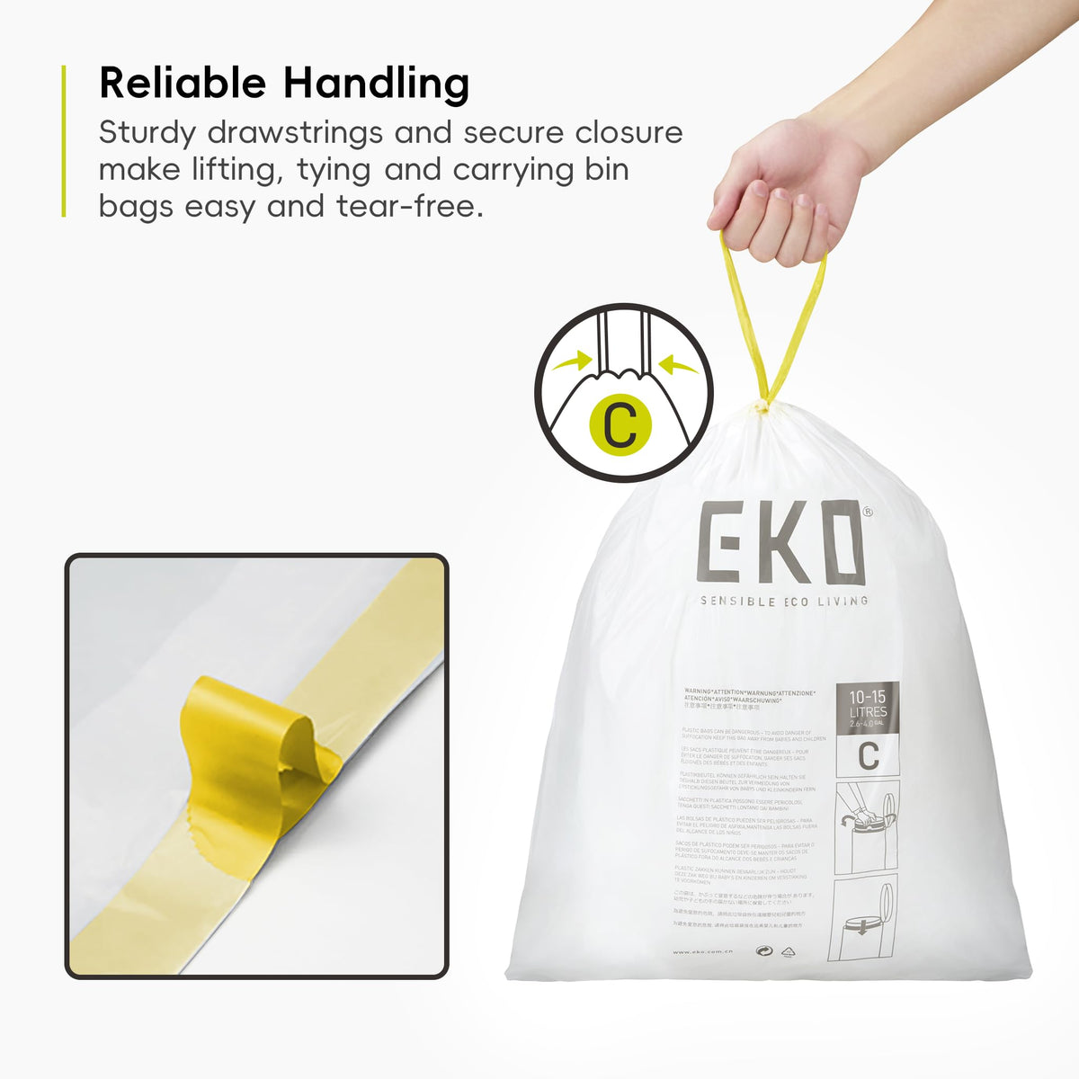 EKO Bin Bags, Kitchen Bin Liners, Drawstring, 40-60 Litre, 12 Count, Code F