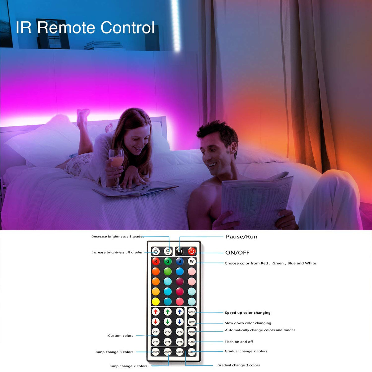 phopollo 5m RGB LED Strip Lights with Remote for Bedroom, Party.24V 5050 RGB, 44-Key Remote, Flexible Adhesive, Bedroom/Party Use