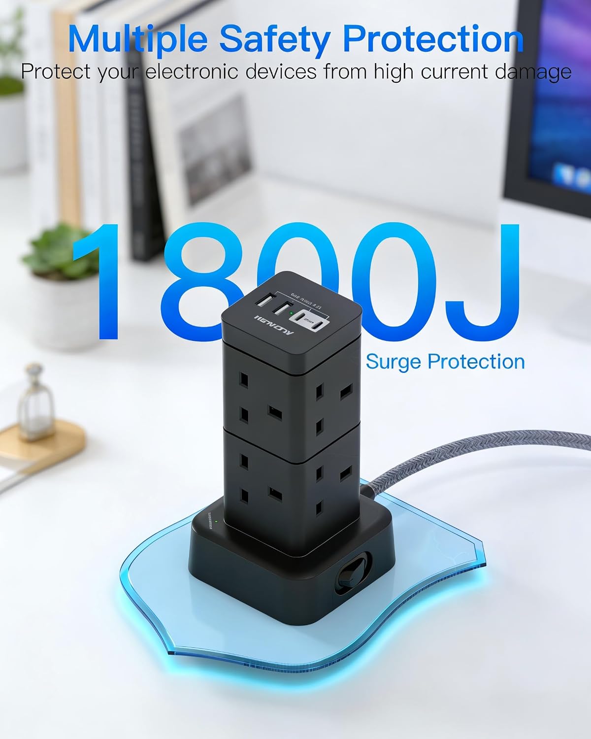 5M Extra Long Tower Extension Lead with 2 USB C, 8 Way Outlets Power Strip