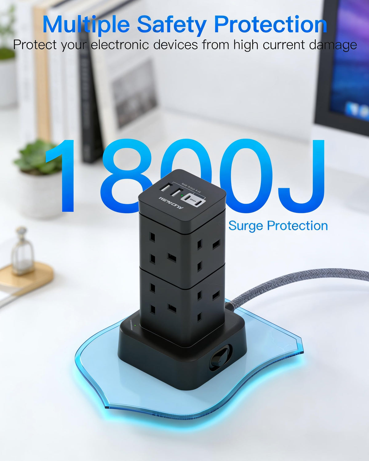 5M Extra Long Tower Extension Lead with 2 USB C, 8 Way Outlets Power Strip