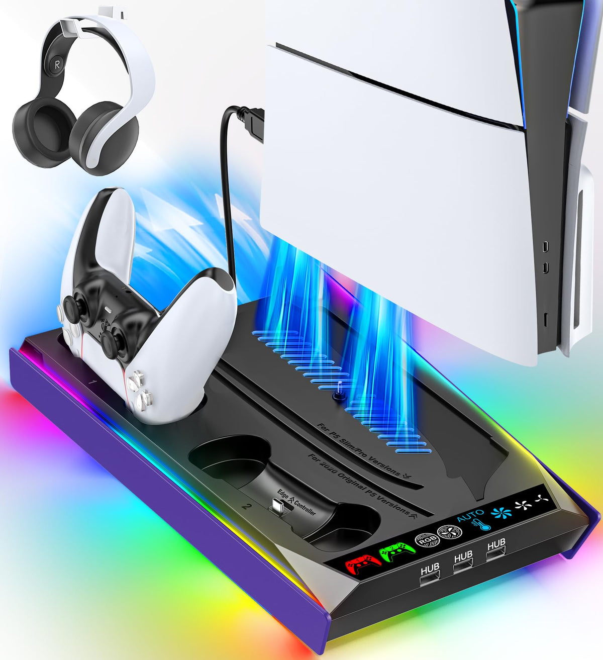 Rysker PS5/Slim/Pro Stand, PS5 Cooling Station Built-in 3-Level Cooling Fan & Fast Charger for Disc & Digital, PS 5 Accessories with Safety Screw and Headset Holder