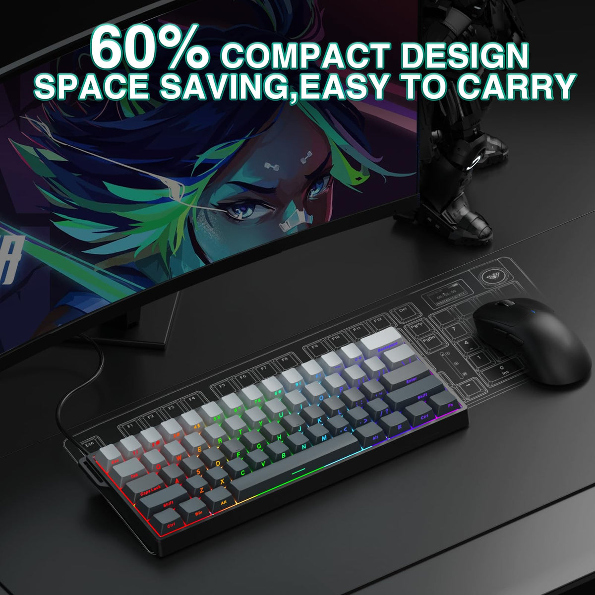 AULA WIN60 HE Mechanical Gaming Keyboard Wired,Hall Effect Magnetic Switches,Adjustable Actuation Rapid Trigger,8K Polling Rate,RGB Backlight,60% Percent Keyboard for Mac/Win (BLACK) (Pack of 2)