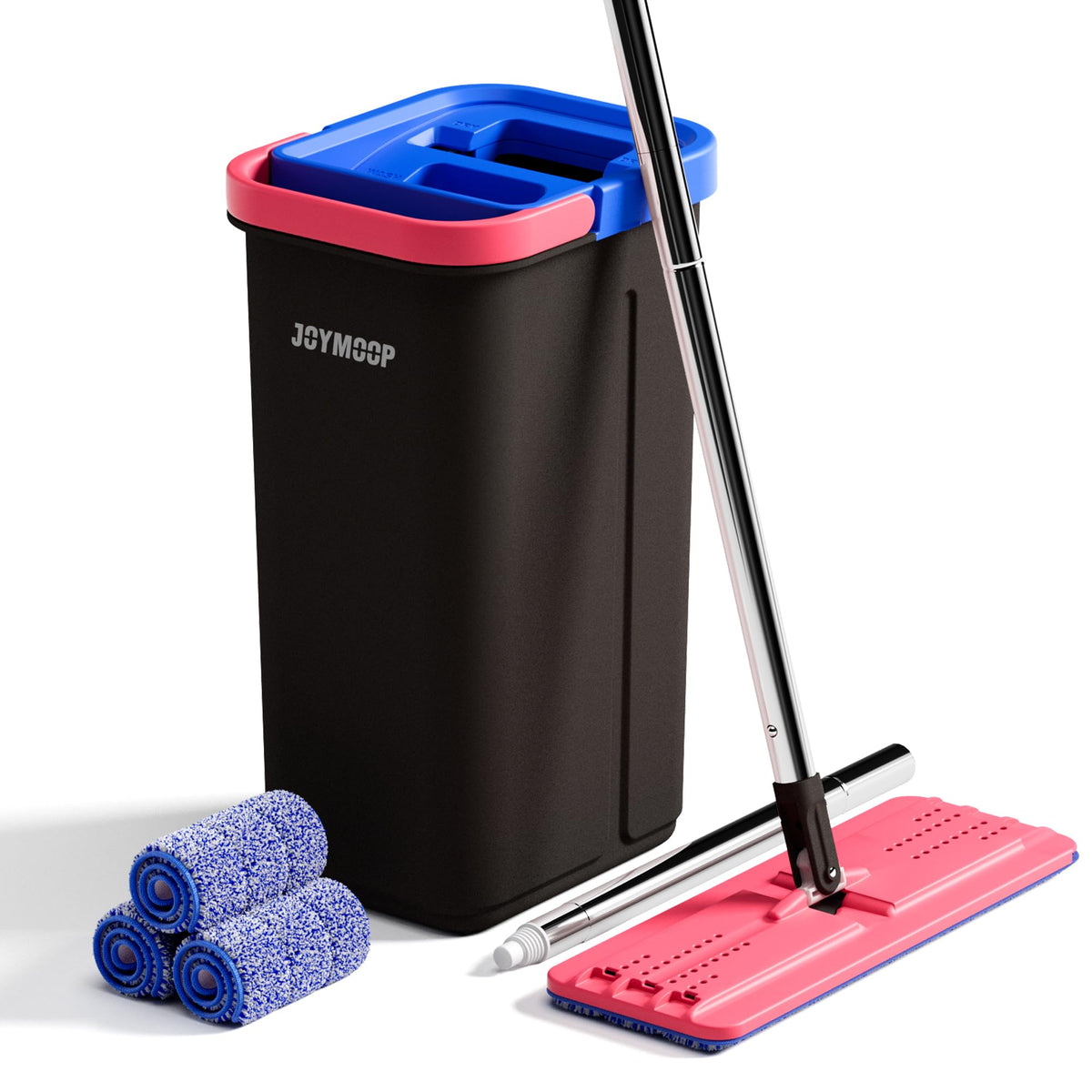 JOYMOOP Mop and Bucket with Wringer Set, Hands Free Flat Floor Mop and Bucket, with 3 Washable Microfiber Pads, Wet and Dry Use, Floor Cleaning System