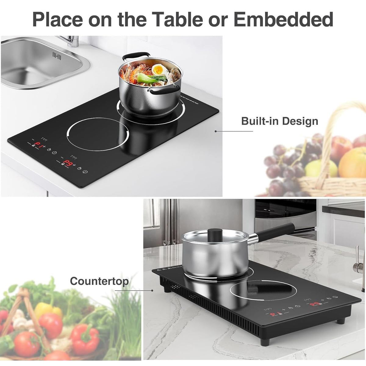 VBGK Portable Ceramic Hob, 2000W Portable Electric Hob, Electric Ceramic Hob, Single Cooking Zone with LED Display, 4-Hours Timer, Safety Lock, Residual Heat Indicator