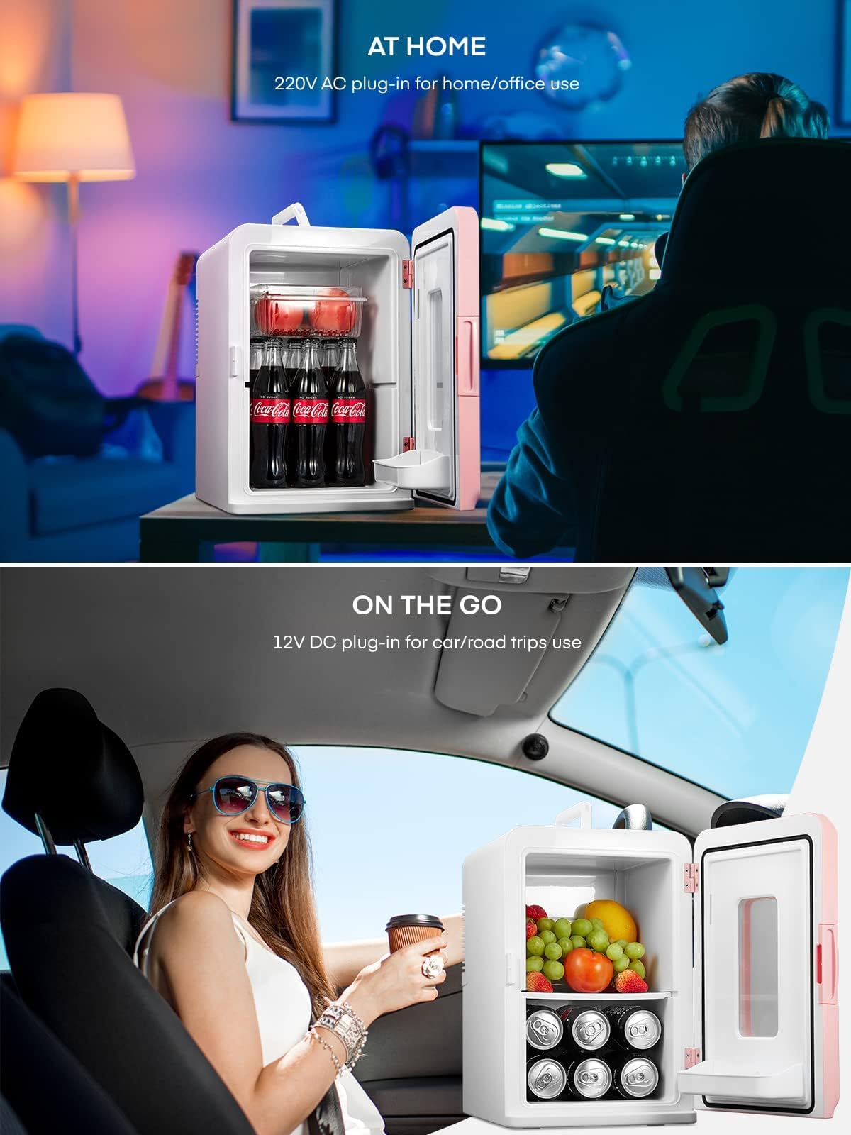 Mini Fridge 15L/21 Cans Mini Fridge for Bedrooms, Upgrade AC+12V DC Power Small Fridge for Dorm, Car, Office, Travel | Max & ECO Mode, Thermoelectric Cooler and Warmer | for Skincare, Beauty, Drink