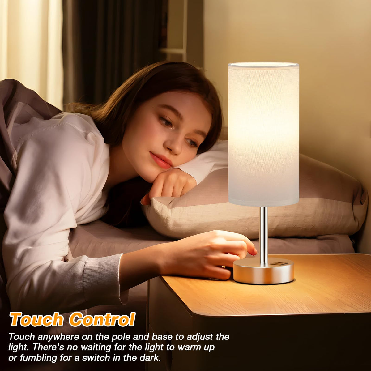 Aooshine Grey Table Lamp, 3-Way Dimmable, USB A + C Charging