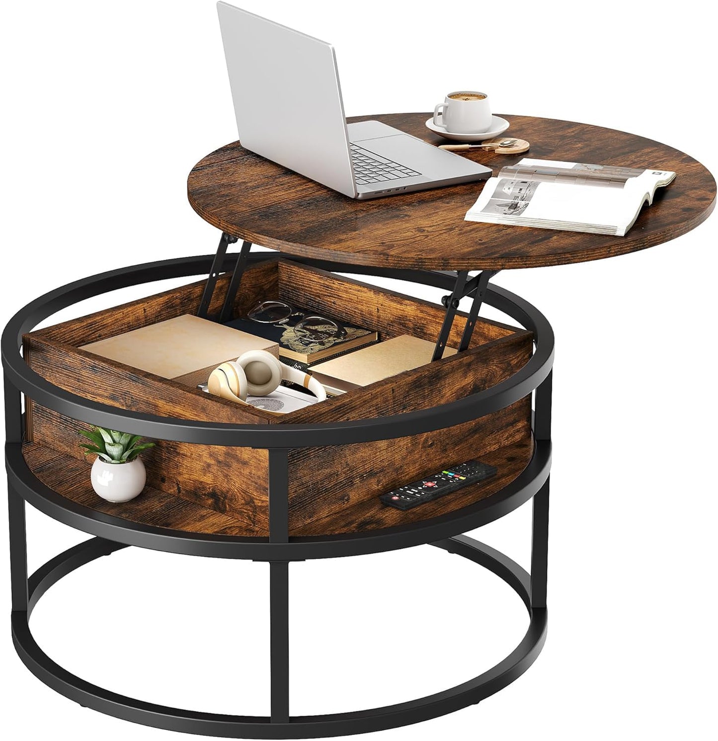 YITAHOME Coffee Table with Lift Top, lift up Coffee Table Round with Hidden Storage Compartment, 60x60x47cm