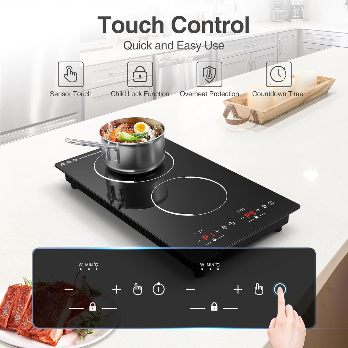 VBGK Portable Ceramic Hob, 2000W Portable Electric Hob, Electric Ceramic Hob, Single Cooking Zone with LED Display, 4-Hours Timer, Safety Lock, Residual Heat Indicator