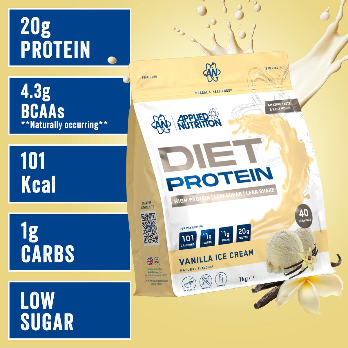 Applied Nutrition Diet Whey - High Protein Powder Supplement, Low Carb & Sugar, for Weight Management with CLA, L Carnitine, Green Tea (450g - 18 Servings) (Vanilla)