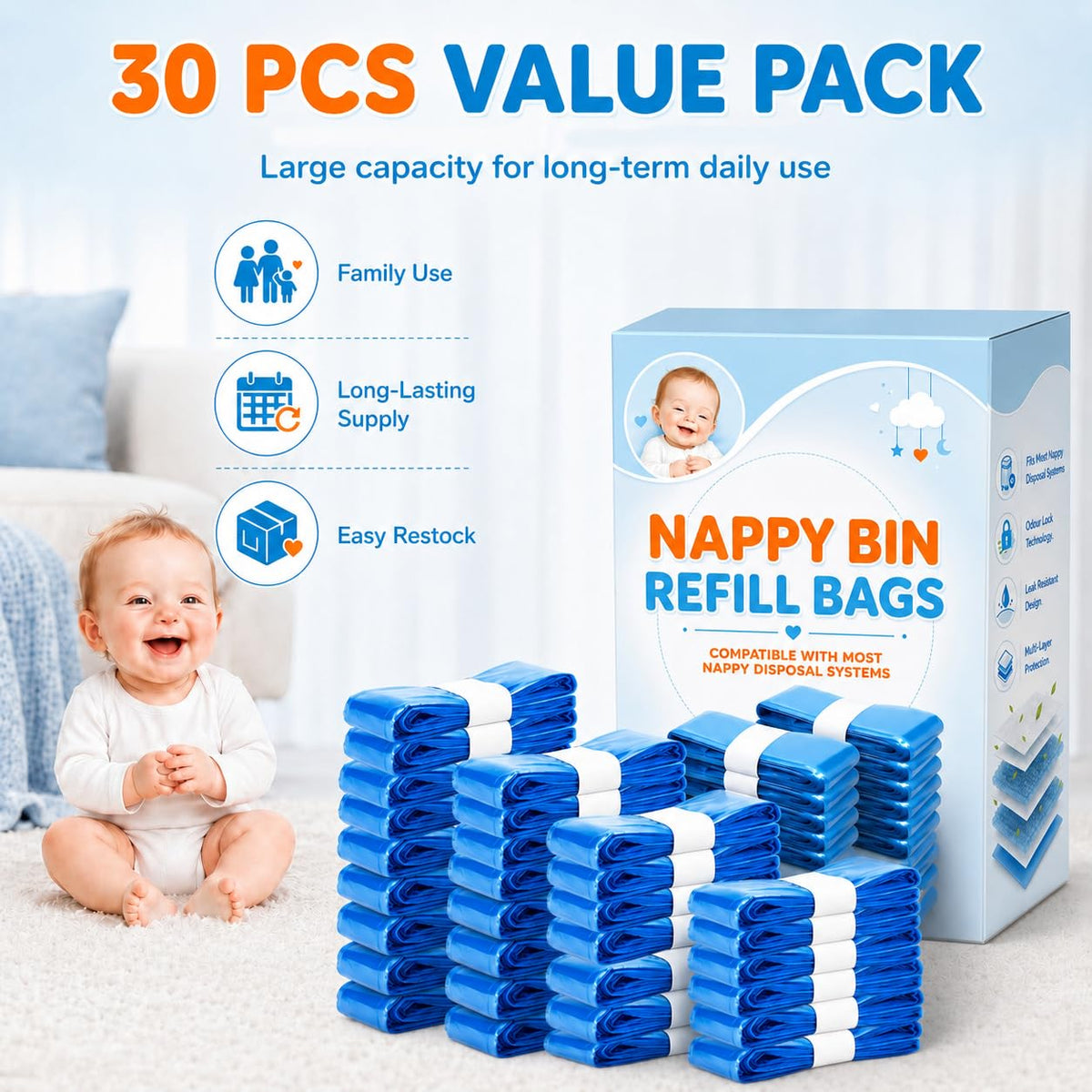 12er-Pack Nappy Bin Refills, vacvad 4.5m Diaper Bin Pail Disposal Bags, Nappy Bin Liners Replacement Strong Seal & Tear Resistance, Compatible with Most Nappy Disposal Systems (Blue)