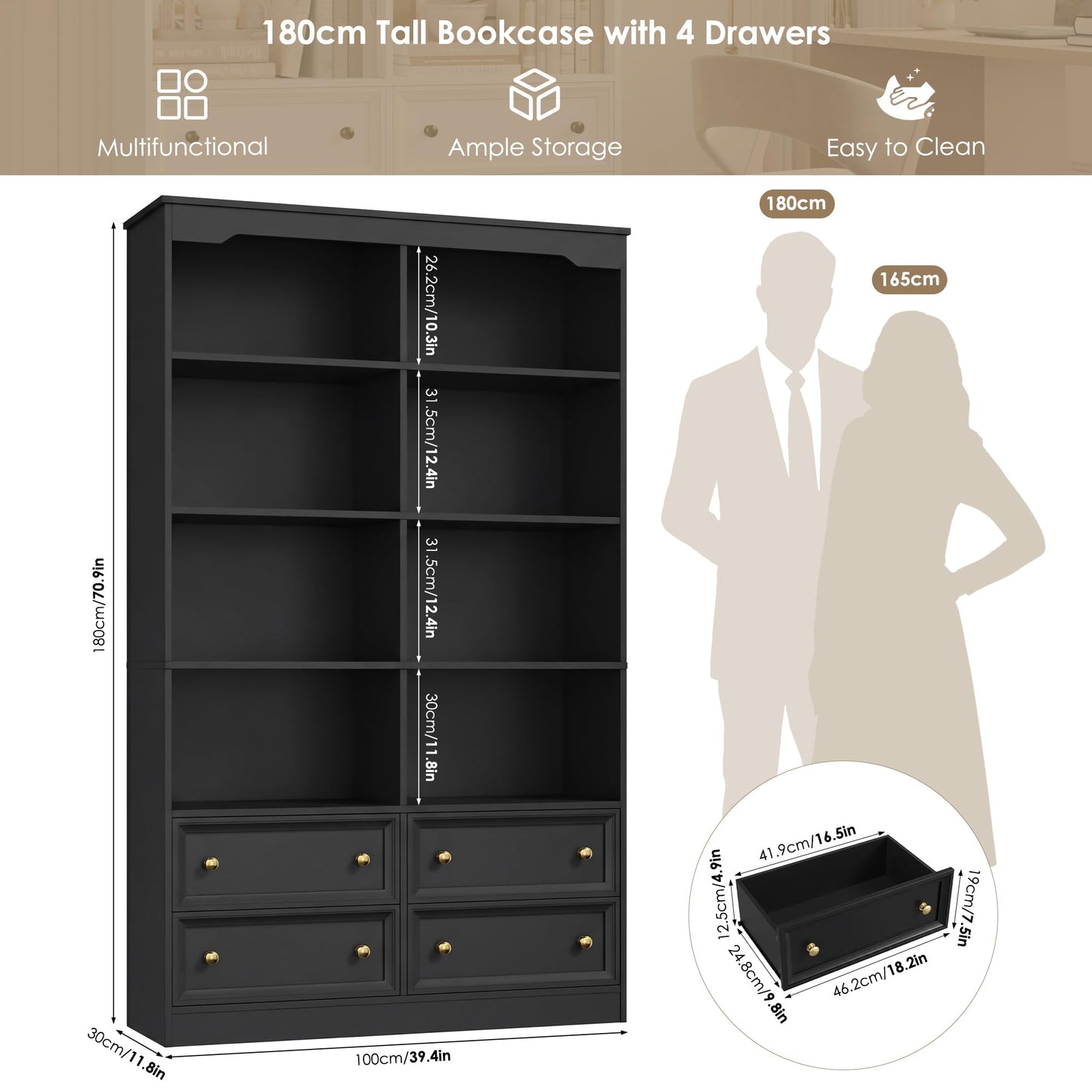 FirFurd Bookcase 180cm Tall Bookshelf with Drawers Living Room Bookcase 8 Open Compartments Free Standing Display Shelf Tall Shelving Unit for Home Office 180x100x30cm White