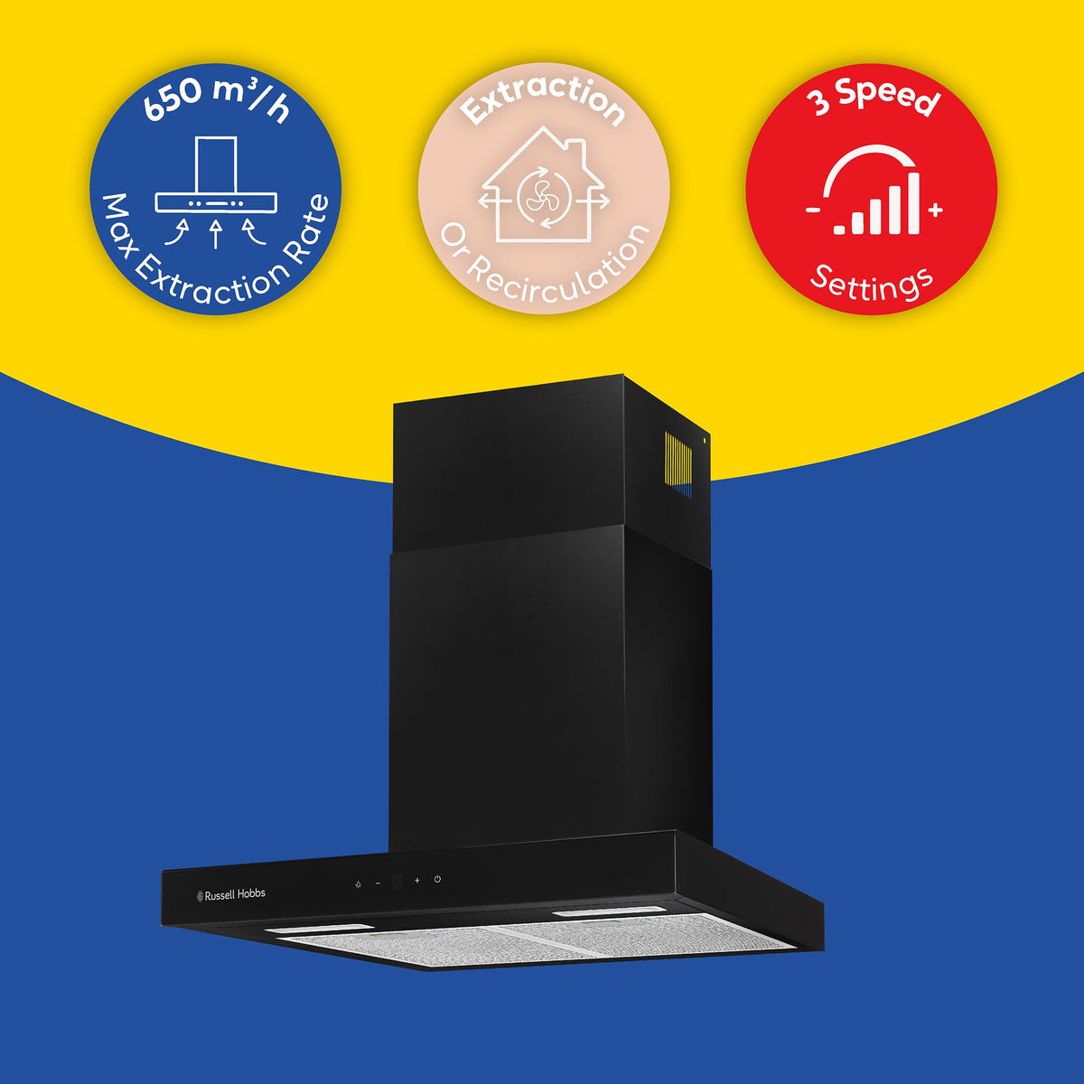 Russell Hobbs 90cm T-Shaped Cooker Hood in Stainless Steel with 3 Speed Settings, 3x Washable Aluminium Filters, Extraction or Recirculation, Boost Function, LED Lights A++ Energy Rating, RHGCH903SS