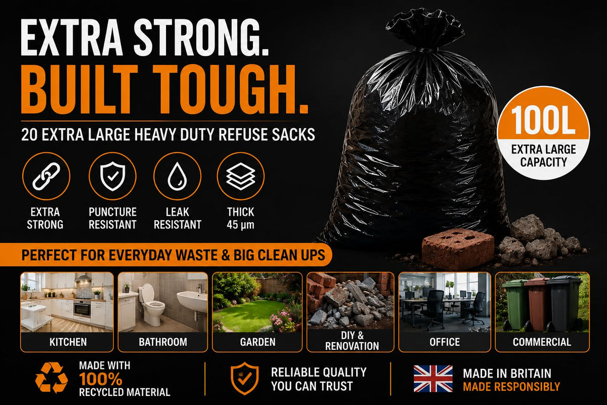 Haya Home 50L 50 Bin Bags Heavy Duty Bin Liners, Black Plastic Refuse Sacks large Garbage Waste Dustbin Bags for Kitchen Home Office DIY Garden from 100% Recycled Material