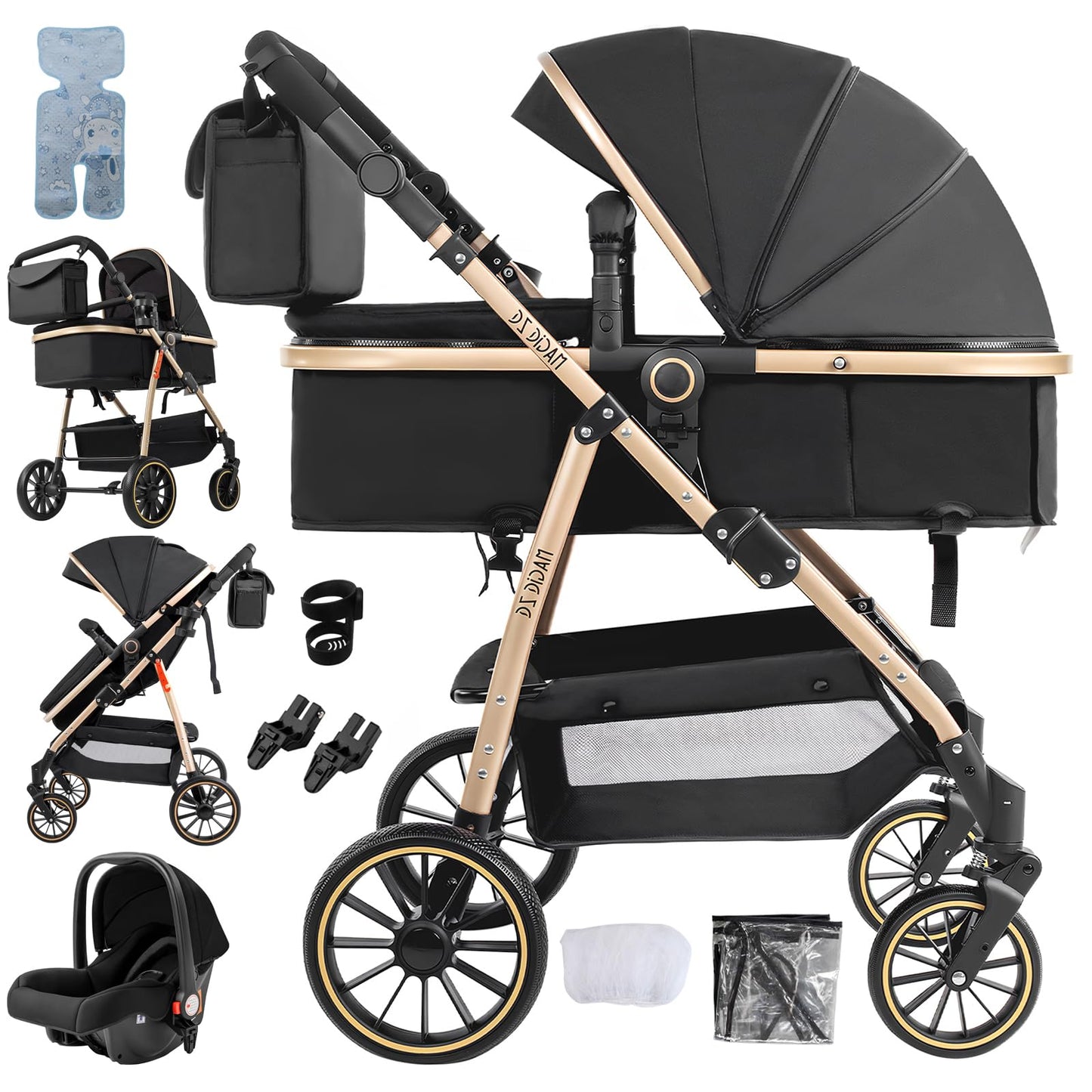 PU Leather 3 in 1 Pushchair Travel System, Toddler Stroller, Baby Pram 3 in 1, Infant Carriage with One-Click Folding, Newborn Buggy with Aluminum Frame (V6 Black)