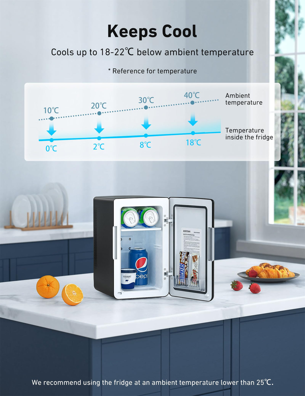 AstroAI Mini Fridge 6 Litre / 8 Can for Bedrooms, Small Fridge, AC/DC Power