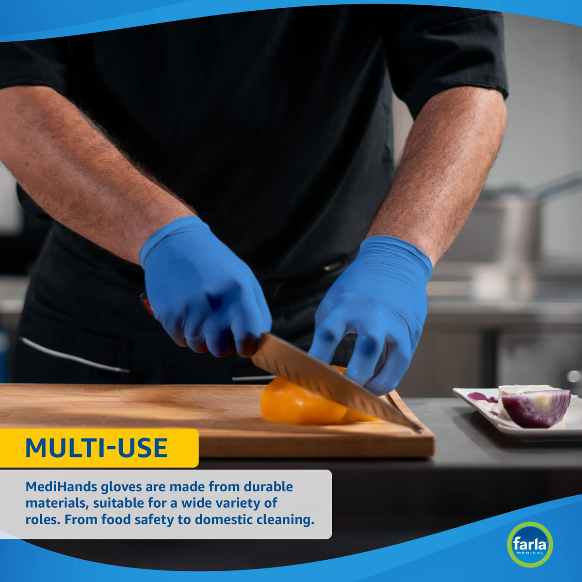 Farla MediHands Blue Medium Vinyl Gloves - Box of 100 Disposable Vinyl Gloves - Medical Gloves - Powder Free, Latex Free, & Protein Free Gloves - Multi-Purpose, Single Use