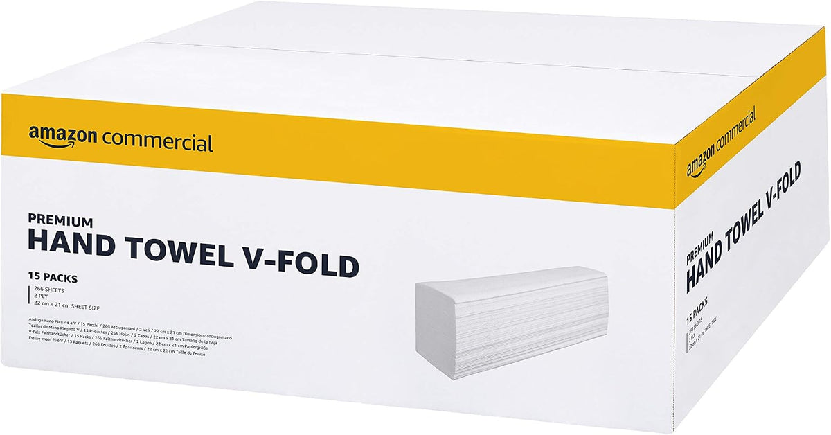 AmazonCommercial Singlefold (V-Fold / ZZ-Fold) Paper Hand Towels, 2-ply Cellulose, 3990 Sheets (15 packs of 266), Sheet Size: 22 x 21 cm, H3 Dispenser Compatible