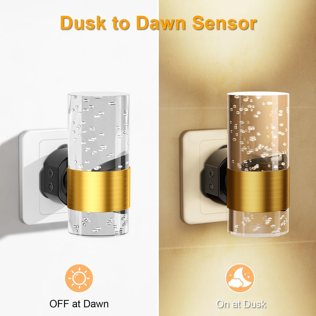 Night Light Plug in Wall with Dusk to Dawn Sensor Modern 2 Pack Gold