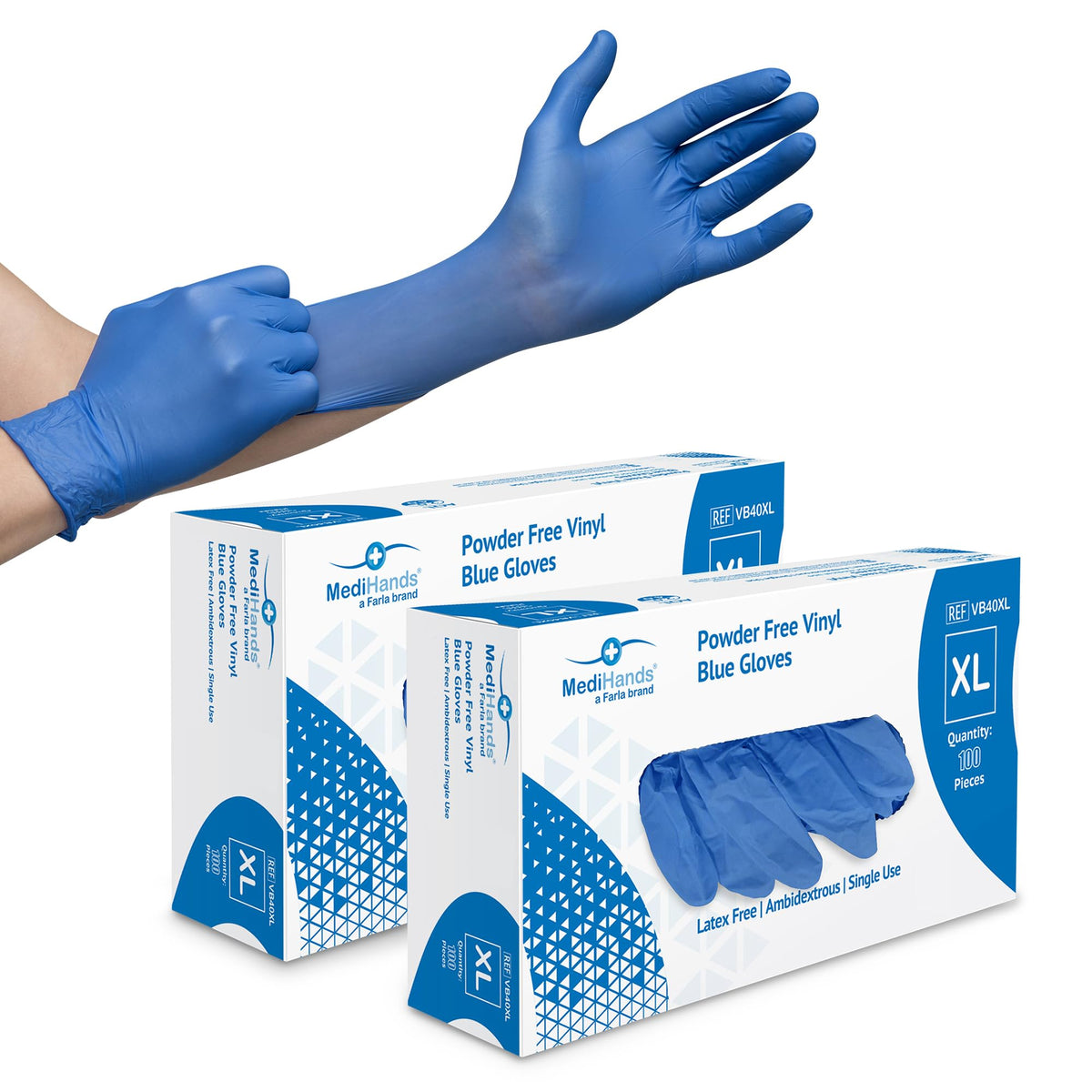 Farla MediHands Blue Medium Vinyl Gloves - Box of 100 Disposable Vinyl Gloves - Medical Gloves - Powder Free, Latex Free, & Protein Free Gloves - Multi-Purpose, Single Use