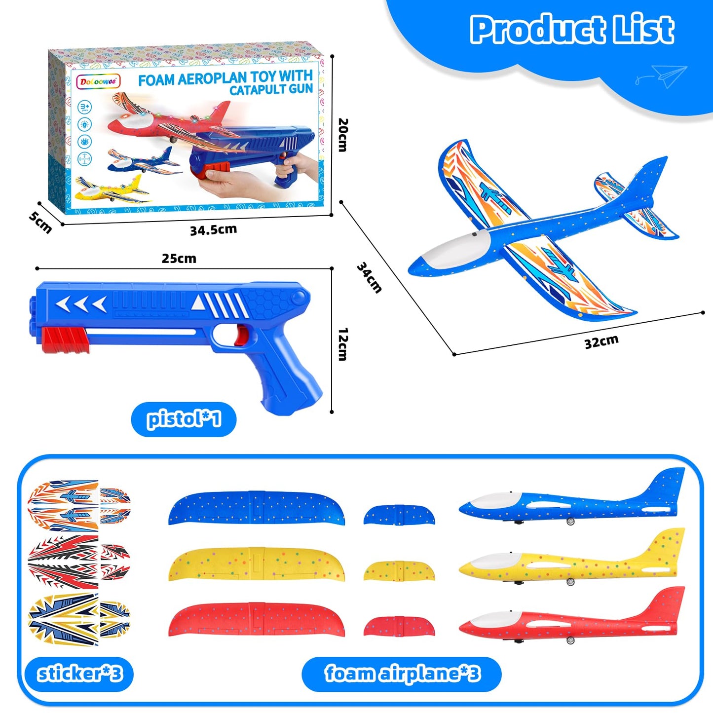 Doloowee Boys Toys for 3 4 5 6 7 8 Years Old, 1 Launcher with 3 Foam Glider Planes, Outdoor Garden Toys Birthday Present Gift for Kids 3 4 5 6 7 8 Year Old