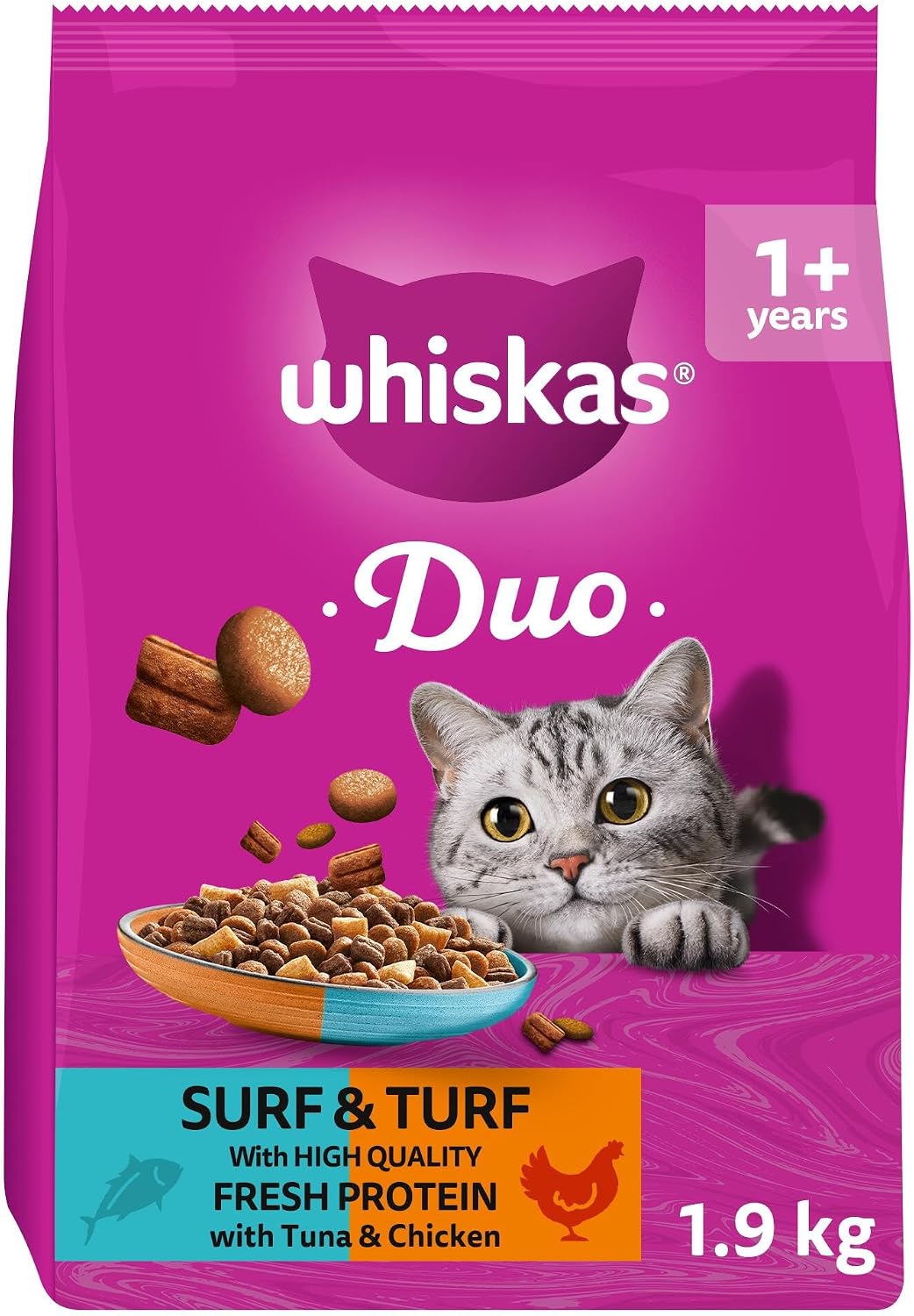 WHISKAS 1+ DUO Surf & Turf Dry Cat Food 1.9kg