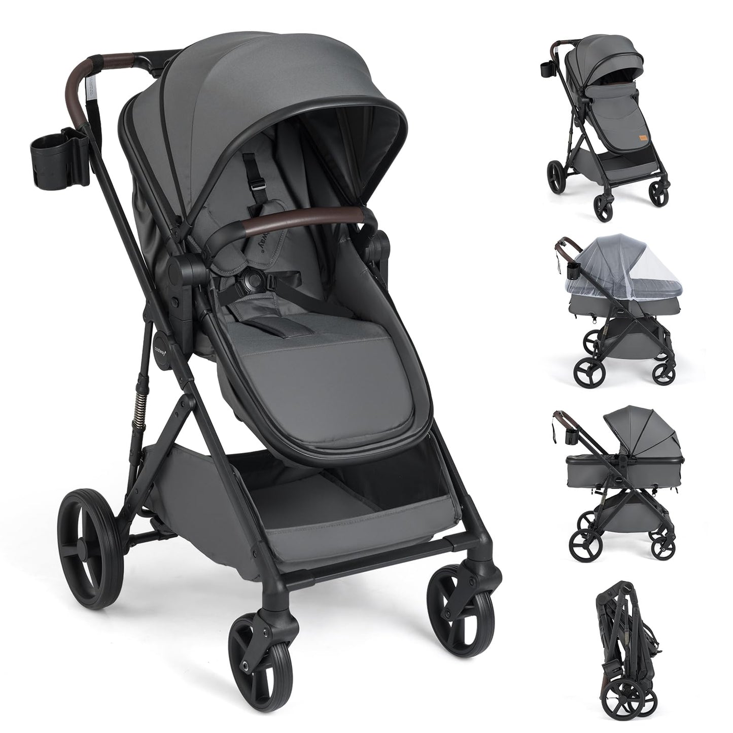 COSTWAY 3 in 1 Baby Stroller, Foldable Travel System Pram with Reversible Seat, Adjustable Canopy & Backrest, Mesh Net, Storage Basket, Lightweight Infant Newborn Pushchair for 0-36 Months (Grey)