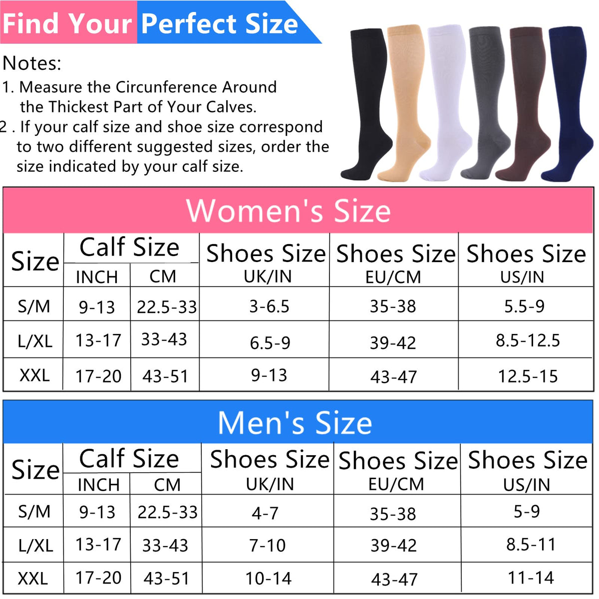 Compression Socks for Women Men, 2/3/4/6 Pairs 20-25mmHg Knee High Socks Compression Stockings for Sport, Athletic, Edema, Diabetic, Varicose Veins, Travel, Pregnancy, Nursing