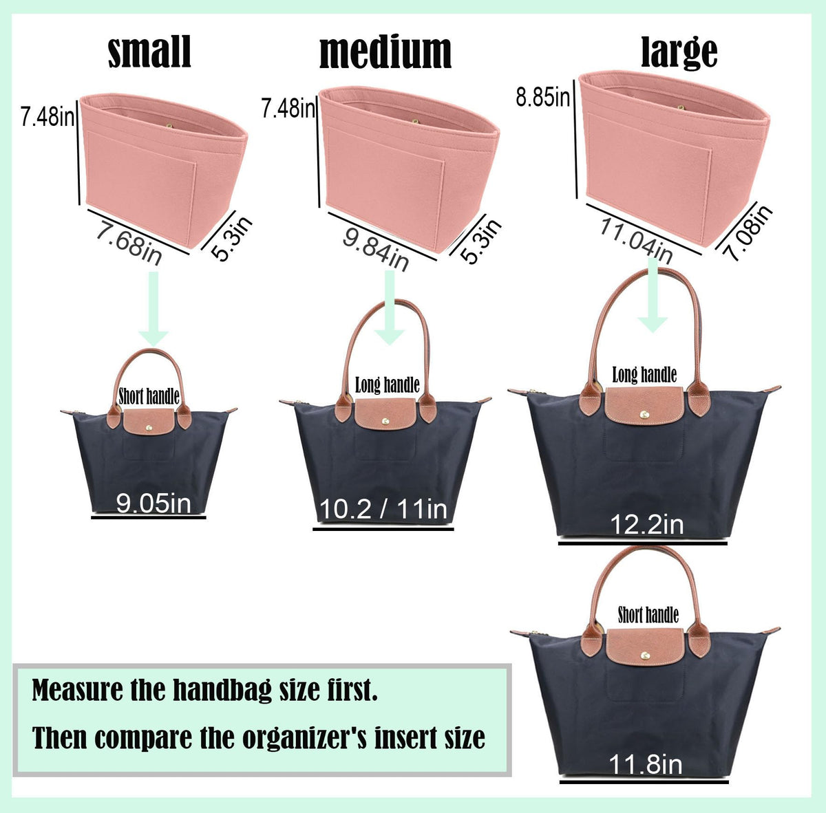 Lckaey tote bag organizer insert for Longchamp le pliage large tote insert felt purse zipper bag organizer 1028pink-S