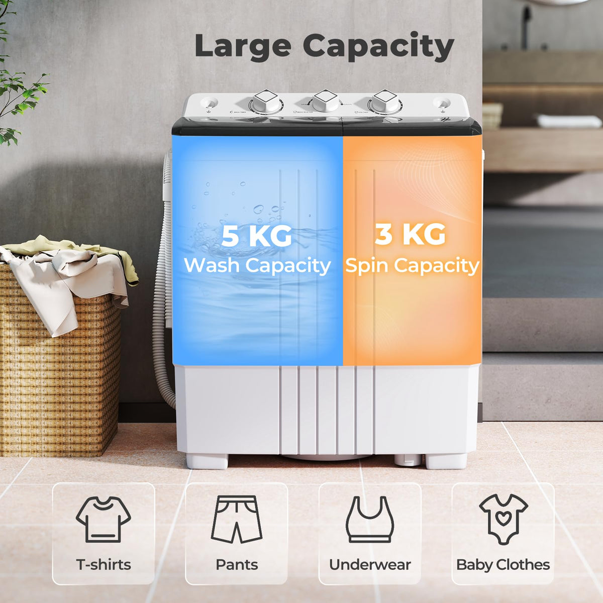 TANGZON Twin Tub Washing Machine, 8KG Portable Washing Machine Spin Dryer