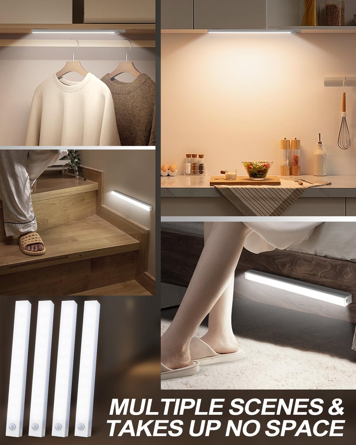 Under Cabinet Kitchen Lights 4 Pack, 4 Modes, USB Motion Sensor Cupboard Light, USB Type-C, Stepless Dimming, with Magnetic Sticker, for Kitchen Wardrobe Bedroom Stairs (Cold White)