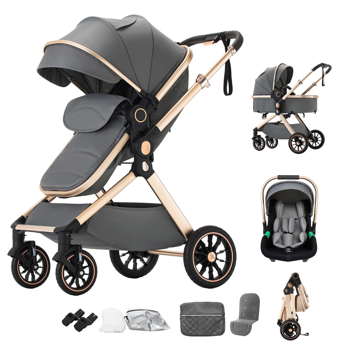 Stroller 3 in 1 Travel System Aluminium Frame High Landscape Combined Strollers Lightweight Folding Pram for Newborns Toddlers 0-36 Months from Birth Aluminium Pushchair (D2/Pink, H2-D)