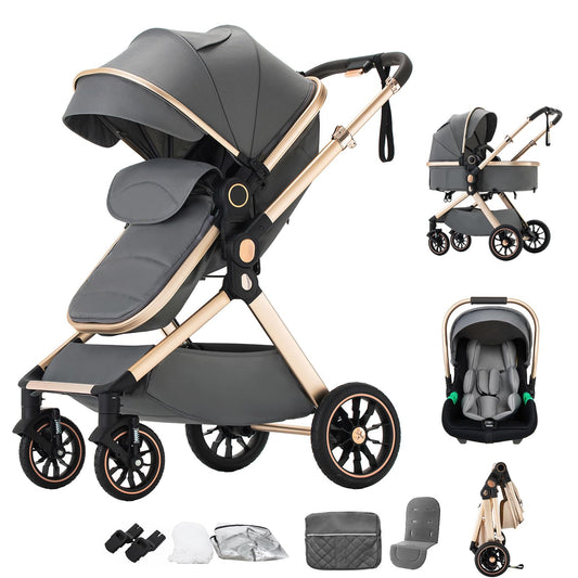 Stroller 3 in 1 Travel System Aluminium Frame High Landscape Combined Strollers Lightweight Folding Pram for Newborns Toddlers 0-36 Months from Birth Aluminium Pushchair (D2/Pink, H2-D)