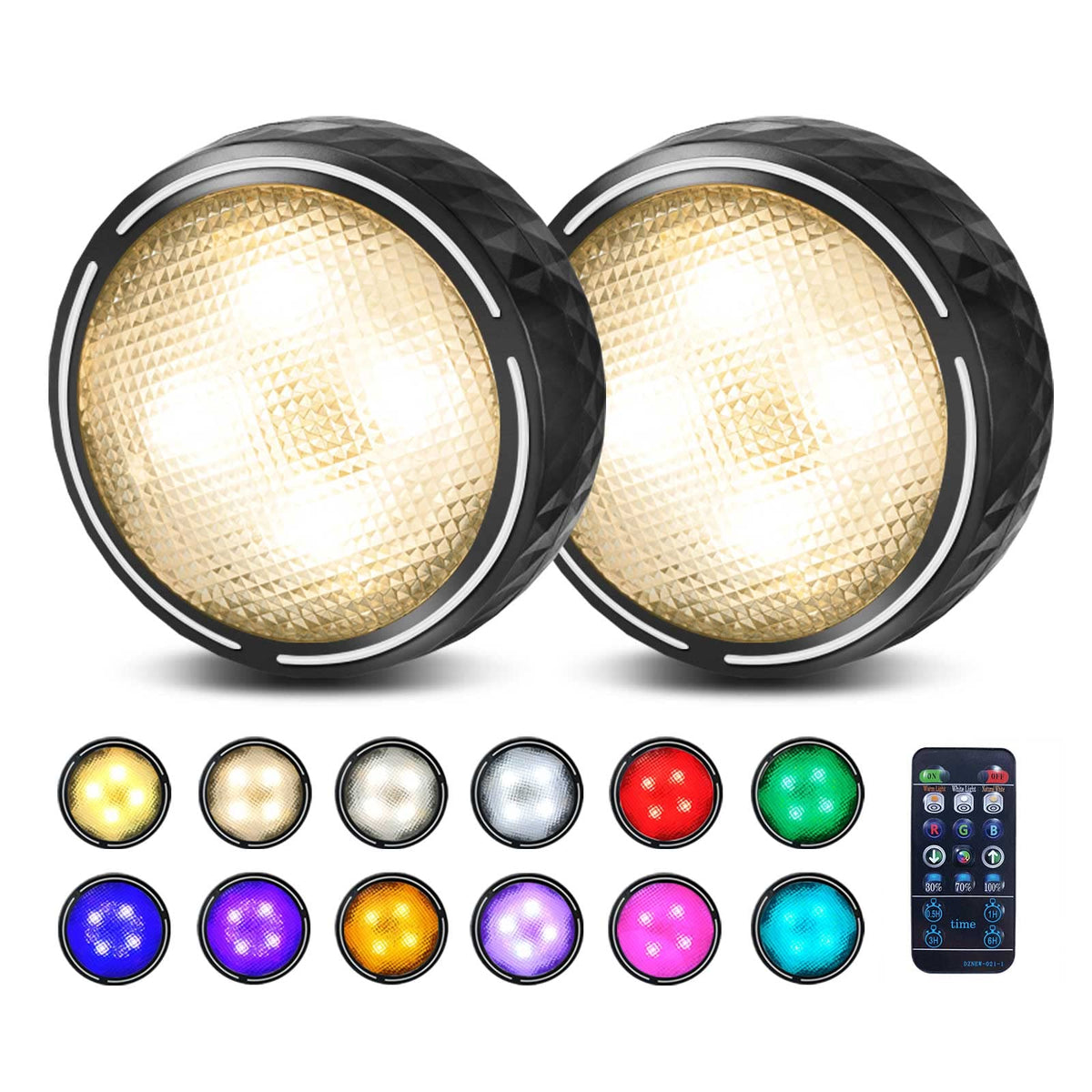 Onumii Under Cupboard Kitchen Lights Battery Operated LED Under Cabinet Lighting, Stick on Wardrobe Lights Under Counter with Remote Control, RGB Puck Light, 6 Pack - Black