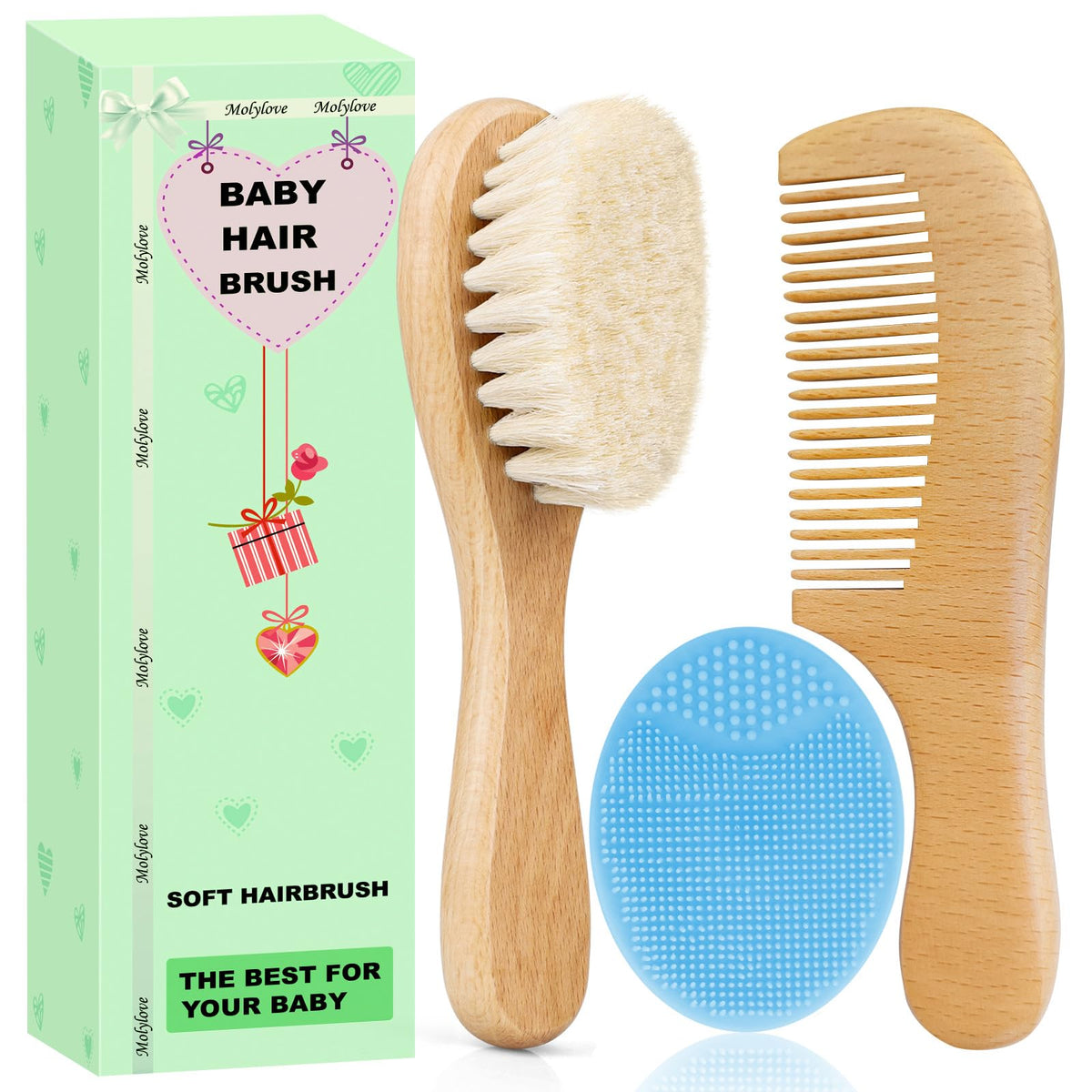 3PCS Baby Hair Brush with Wooden Handle and Comb Set for Newborns & Toddlers | Natural Soft Goat Bristles l Wood Comb l Green Cradle Cap Brush | Ideal for Cradle Cap