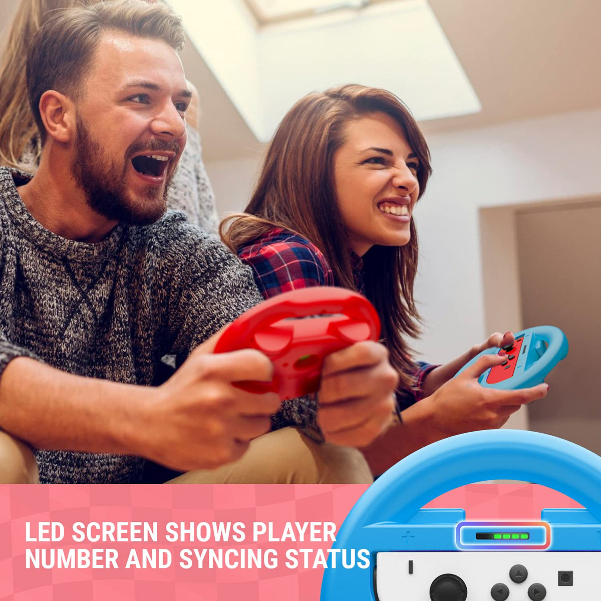 Orzly Racing Steering Wheels – Compatible with Switch 2 (2025 Console) – Party Pack of 4 Joy-Con Controller Attachments for Racing Games (2 Black, 1 Blue, 1 Red)