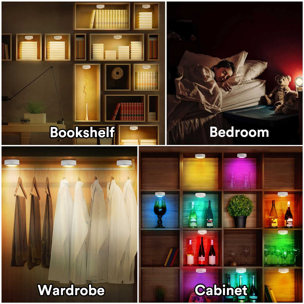 Onumii Under Cupboard Kitchen Lights Battery Operated LED Under Cabinet Lighting, Stick on Wardrobe Lights Under Counter with Remote Control, RGB Puck Light, 6 Pack - Black