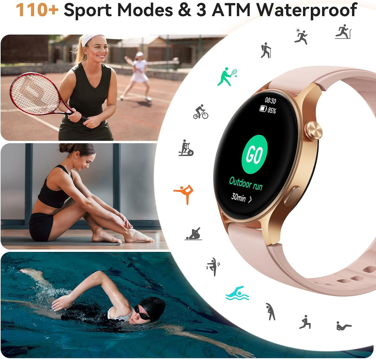 Smart Watch for Women, Answer/Make Call, 1.32'' AMOLED Ultra-Clear Screen Fitness Trackers with Heart Rate/Sleep/SpO2 Monitor, Smartwatch for iPhone/Samsung/Android, 110+ Sport Modes, 3ATM Waterproof
