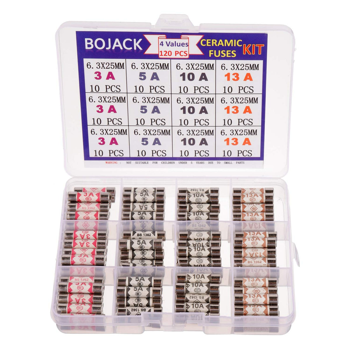 BOJACK 3 Values 42 pcs 3 5 13 A amp 240 V Volt Household Mains Plug Fuse 6.3x25 mm 0.25x1Inch BS1362 Ceramic Tube Cartridge Fuses Assortment Kit packag in a Clear Plastic Box