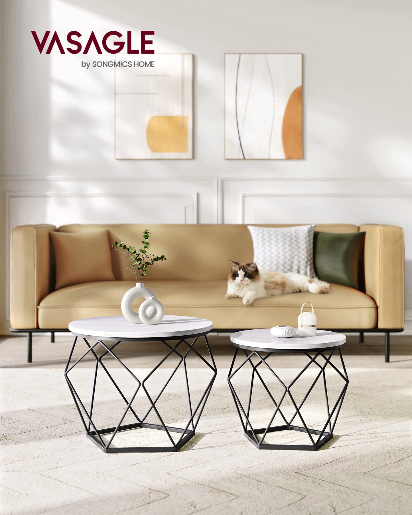 VASAGLE Coffee Tables, Set of 2 Side Tables, Robust Steel Frame, for Living Room, Bedroom, Rustic Brown and Black LET040B01