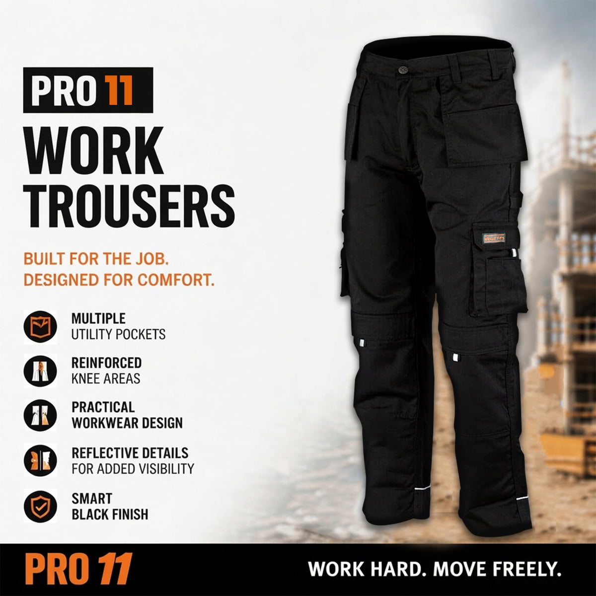 WrightFits Men Pro-11 Work Trousers Black - Heavy Duty Safety Combat Cargo Pant - Multi Pockets & Knee Pad Pockets - Triple Stitched -Durable Work wear (28W-48W)